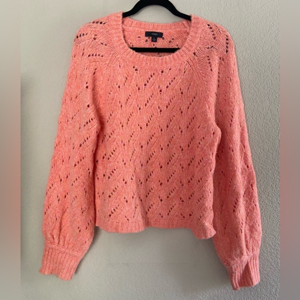 J.Crew Open Knit Pointelle Balloon Sleeve Wool Blend Sweater Women’s Size L Pink